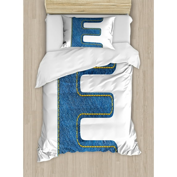 Letter E Twin Size Duvet Cover Set, Denim Blue Jeans Themed Symbol E from Alphabet ABC of Fabric Uppercase Letter, Decorative 2 Piece Bedding Set with 1 Pillow Sham, Blue Yellow, by Ambesonne