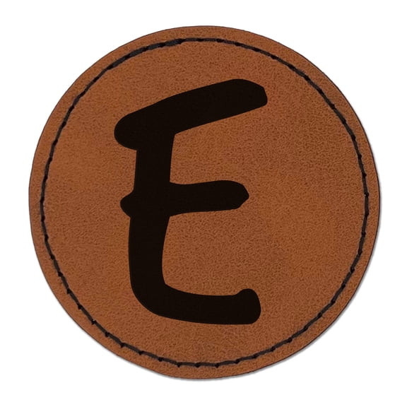 Letter E Uppercase Felt Marker Font 2.5" Faux Leather Round Engraved Iron-On Patch - Brown
