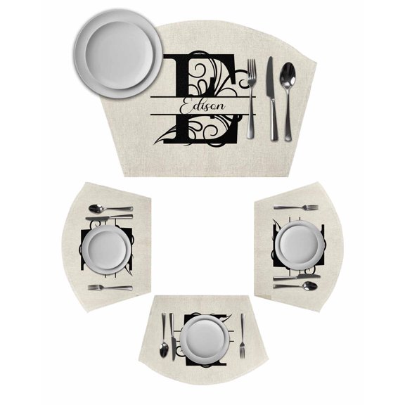 Letter E Wedge Shaped Placemats Set of 6, Cotton Linen Fan Place Mats, Monogram Words Washable Table Mats for Holiday Wedding Party Dinning Coffee Tables 11.8"x17.5"