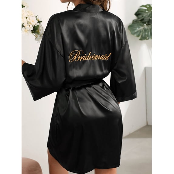 Letter Embroidered Belted Satin Bridesmaid Robe