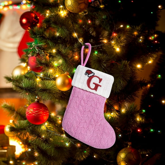 Letter Embroidered Christmas Stocking, Thick and Luxurious Pink Knitted with Super Soft Plush Cuff, Personalized Festival Decoration, Christmas Stocking Gift Bag, for Xmas and New Year Party