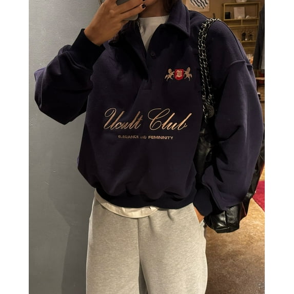 Letter Embroidered Pullover Sweatshirt for Women - Relaxed, Loose, Versatile, Half-Zip