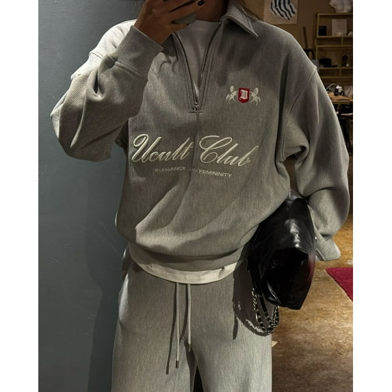 Letter Embroidered Pullover Sweatshirt for Women - Relaxed, Loose, Versatile, Half-Zip