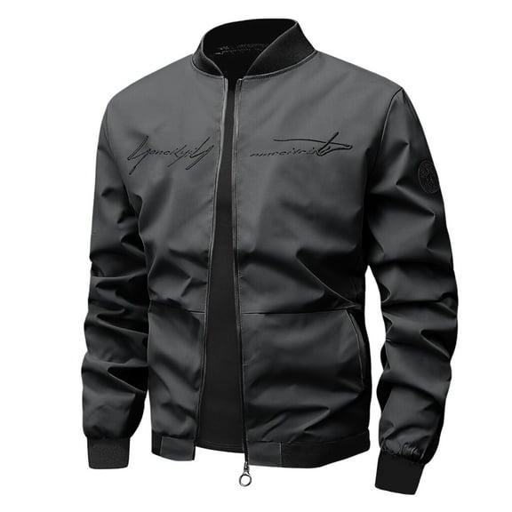 Letter Embroidery Bomber Jacket, Men's Lightweight Windproof Jacket Black M