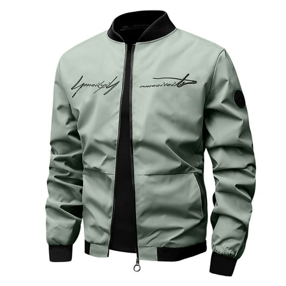 Letter Embroidery Bomber Jacket, Men's Lightweight Windproof Jacket Green M