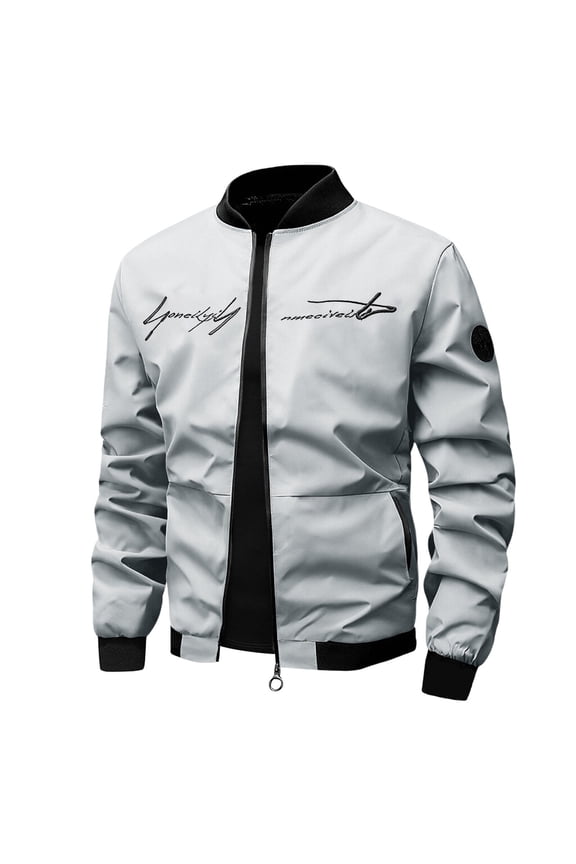 Letter Embroidery Bomber Jacket, Men's Lightweight Windproof Jacket Grey XXL