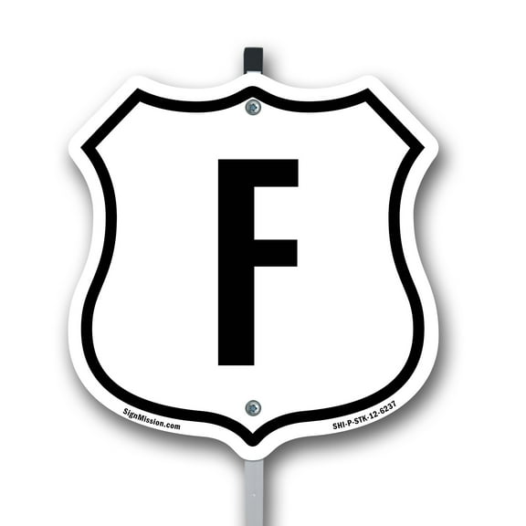 Letter F 12 inch X 12 inch Shield Shaped Rust-Free Aluminum Metal Sign with Aluminum Mounting Stake Weather Resistant Made in the USA