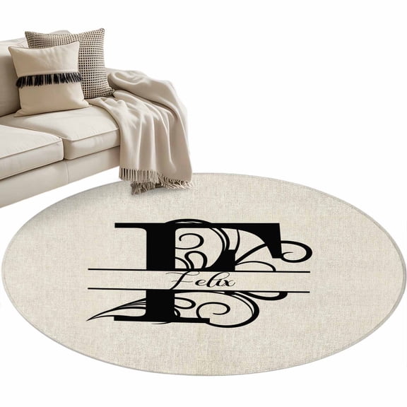 Letter F 3ft Area Rug, Monogram Words Washable Non-Slip Small Round Rugs for Entryway Bedroom Kitchen, Soft Circle Carpet for Dining Room, Playroom Nursery Rug