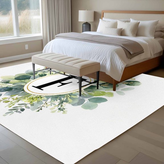 Letter F 6x9 Rug for Dining Room Table and Chair Setup, Alphabet Green Eucalyptus Leaves Plant Simple Low Pile Washable Non Slip Rectangle Area Rug