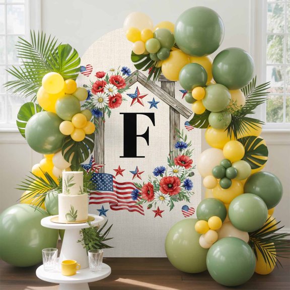 Letter F Arch Backdrop Cover, 4FT, Patriotic Americana Red Blue Flag Floral Wooden Frame Spandex Arch Covers Double-Sided Backdrop for Wedding Birthday Party Photo Background Decoration