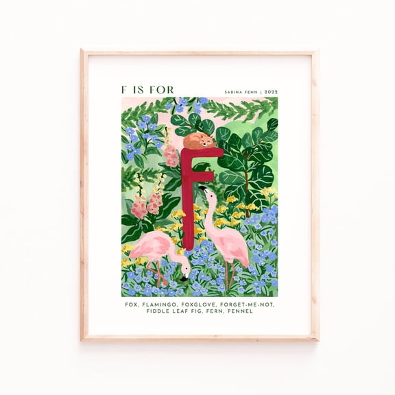 Letter F Art Print, Flamingo Fox Floral Room Poster Art Print Home Decor, Unframed Poster Size 8x12 F03.1.20l791