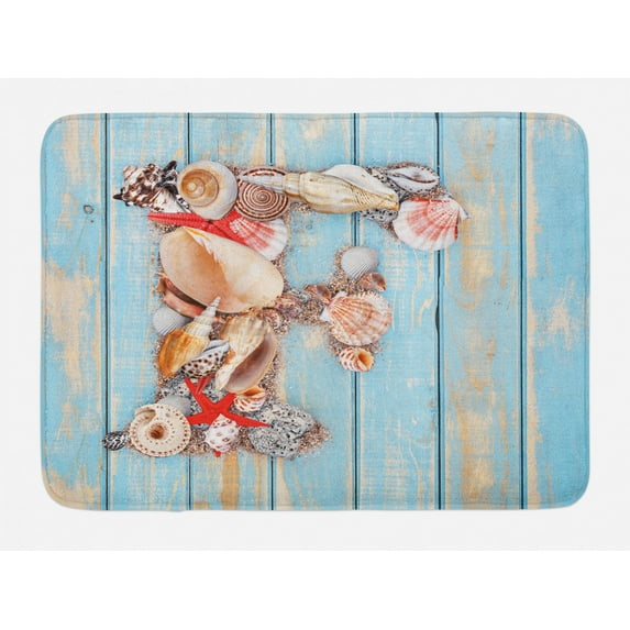 Letter F Bath Mat, Coastal Image with Soft Color Sea Related Animal Shells Alphabet, Non-Slip Plush Mat Bathroom Kitchen Laundry Room Decor, 29.5 X 17.5 Inches, Pale Blue Ivory Dark Coral, Ambesonne