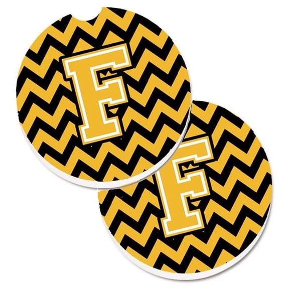 Letter F Chevron Black & Gold Set of 2 Cup Holder Car Coaster