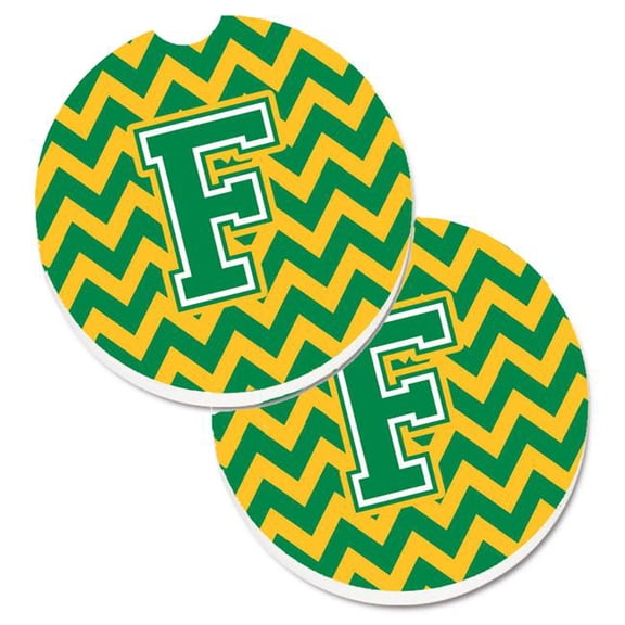 Letter F Chevron Green & Gold Set of 2 Cup Holder Car Coaster