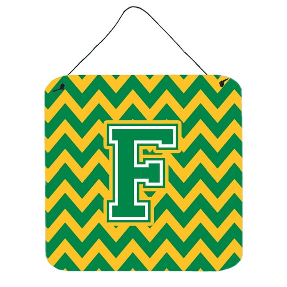 Letter F Chevron Green and Gold Wall or Door Hanging Prints