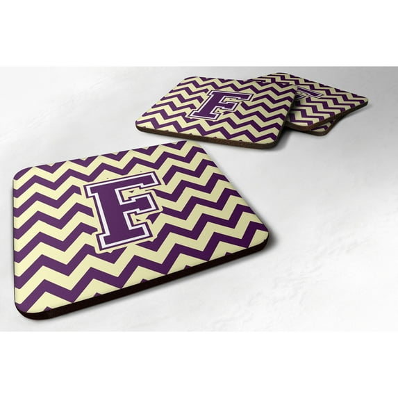 Letter F Chevron Purple and Gold Foam Coaster Set of 4