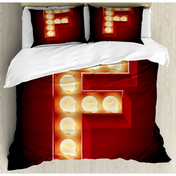 Letter F Duvet Cover Set Queen Size, Capital F Typescript Nightlife Disco Clubs Casino Movie Theater Font Print, Decorative 3 Piece Bedding Set with 2 Pillow Shams, Ruby Yellow Black, by Ambesonne