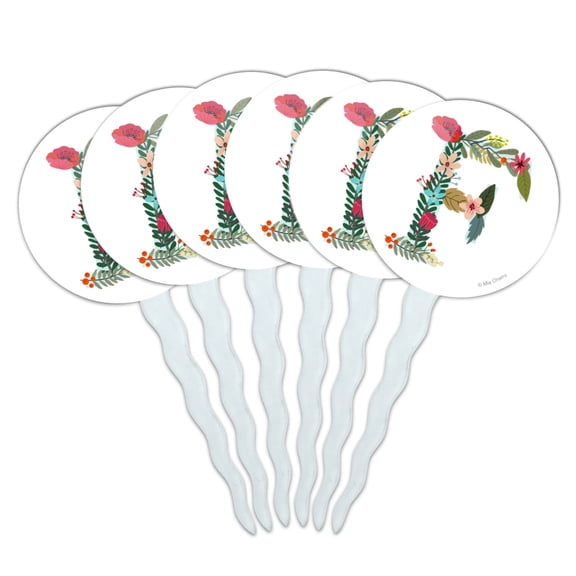Letter F Floral Monogram Initial Cupcake Picks Toppers Decoration Set of 6