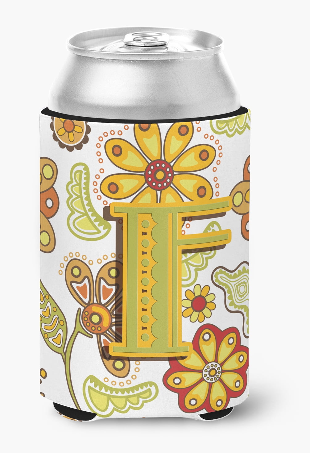 Letter F Floral Mustard and Green Can or Bottle Hugger