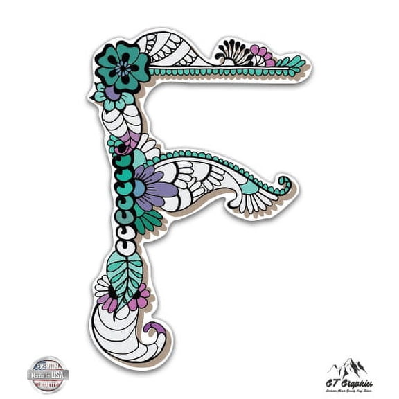 Letter F Floral Style - 3" Vinyl Sticker - For Car Laptop I-Pad Phone Helmet Hard Hat - Waterproof Decal