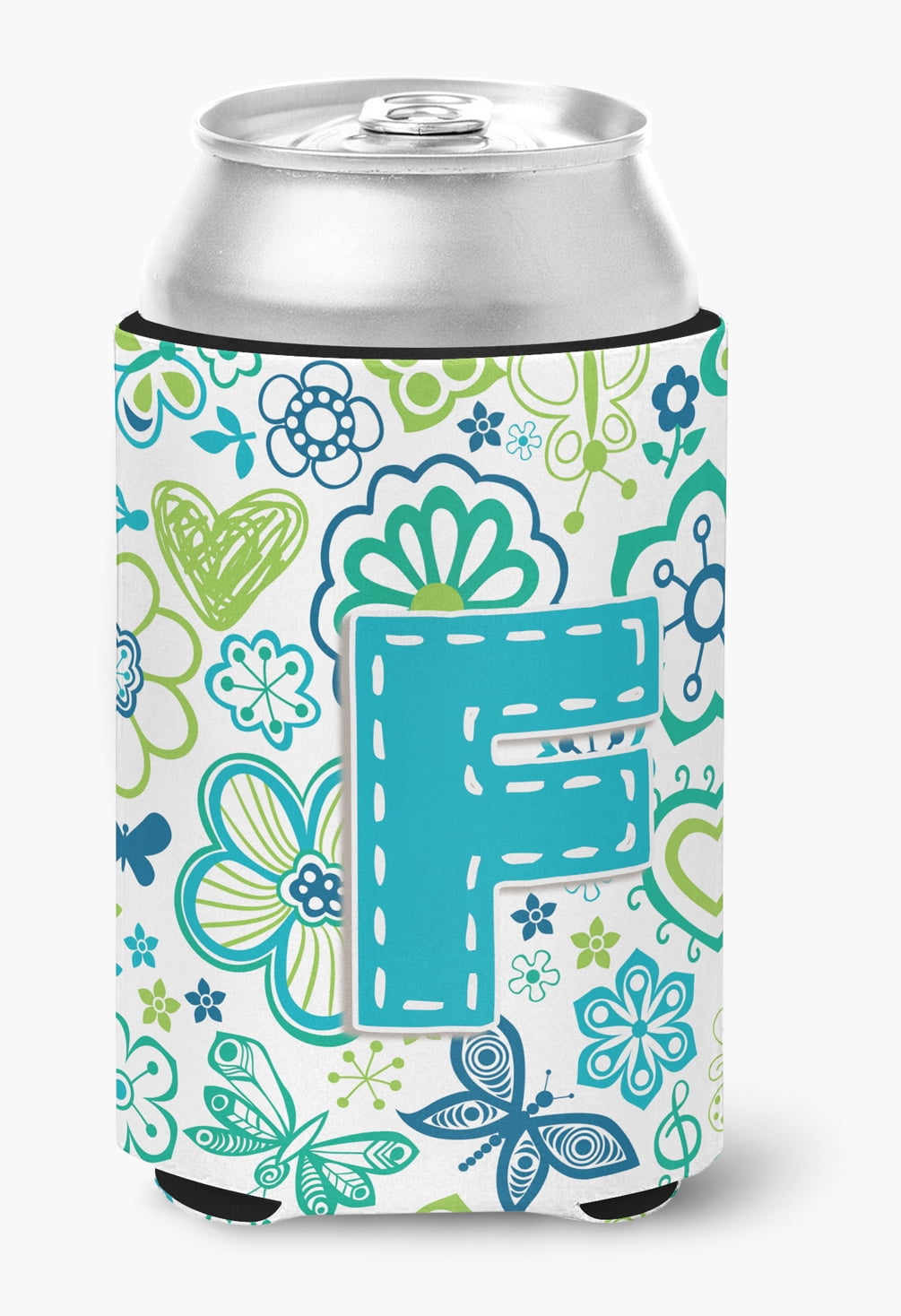 Letter F Flowers and Butterflies Teal Blue Can or Bottle Hugger