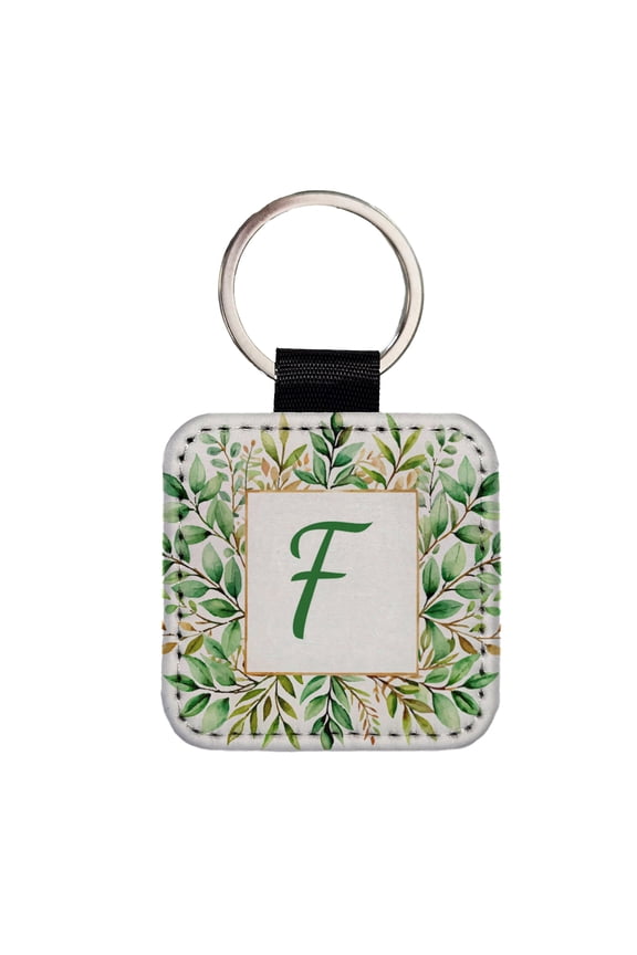 Letter F Initial Monogram Frame Leaf Faux Leather Square Keychain