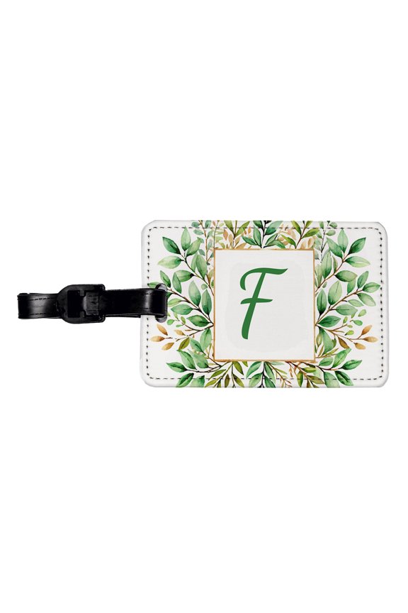 Letter F Initial Monogram Frame Leaf Faux Leather Travel Luggage Tag