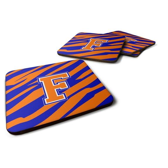 Letter F Initial Tiger Stripe - Blue Orange Foam Coaster Set of 4