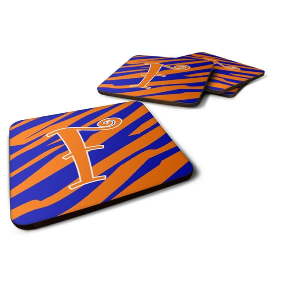 Letter F Initial Tiger Stripe Blue and Orange Foam Coaster Set of 4
