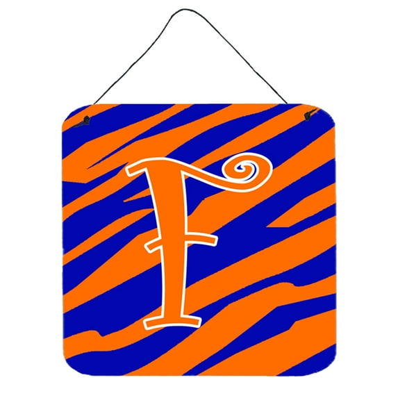 Letter F Initial Tiger Stripe Blue and Orange Wall or Door Hanging Prints