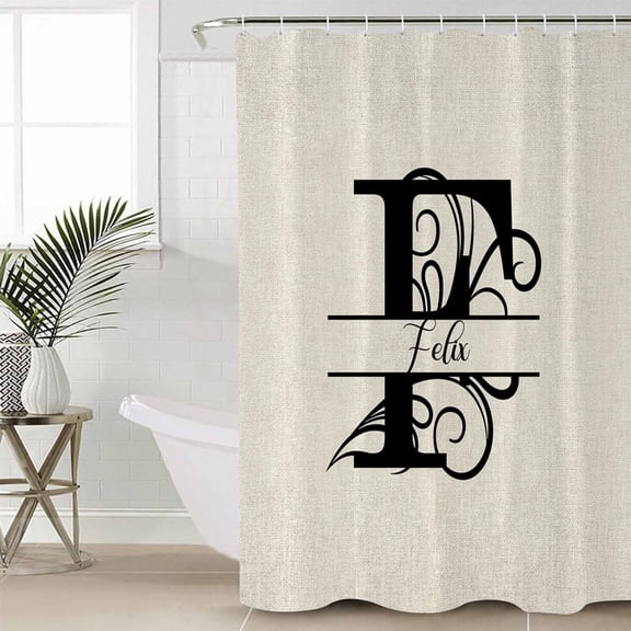 Letter F Long Shower Curtain Set, Waterproof Shower Curtains for Bathroom, Monogram Words Washable Fabric Cloth Bath Curtain for Bathtub Decoration with Hooks 72x84 Inches