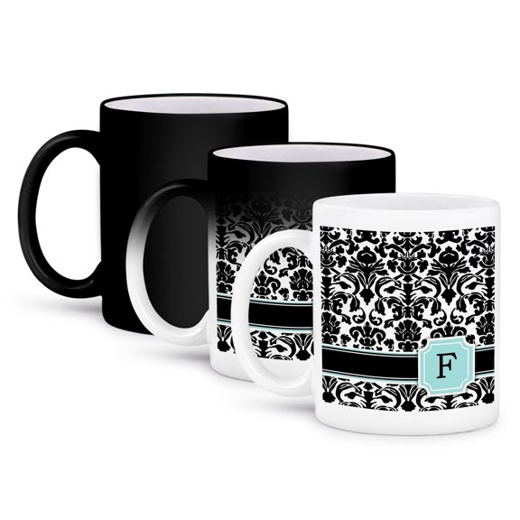 3dRose, Letter F personal monogrammed mint blue black and white damask pattern - classy personalized initial, 11oz Magic Transforming Mug