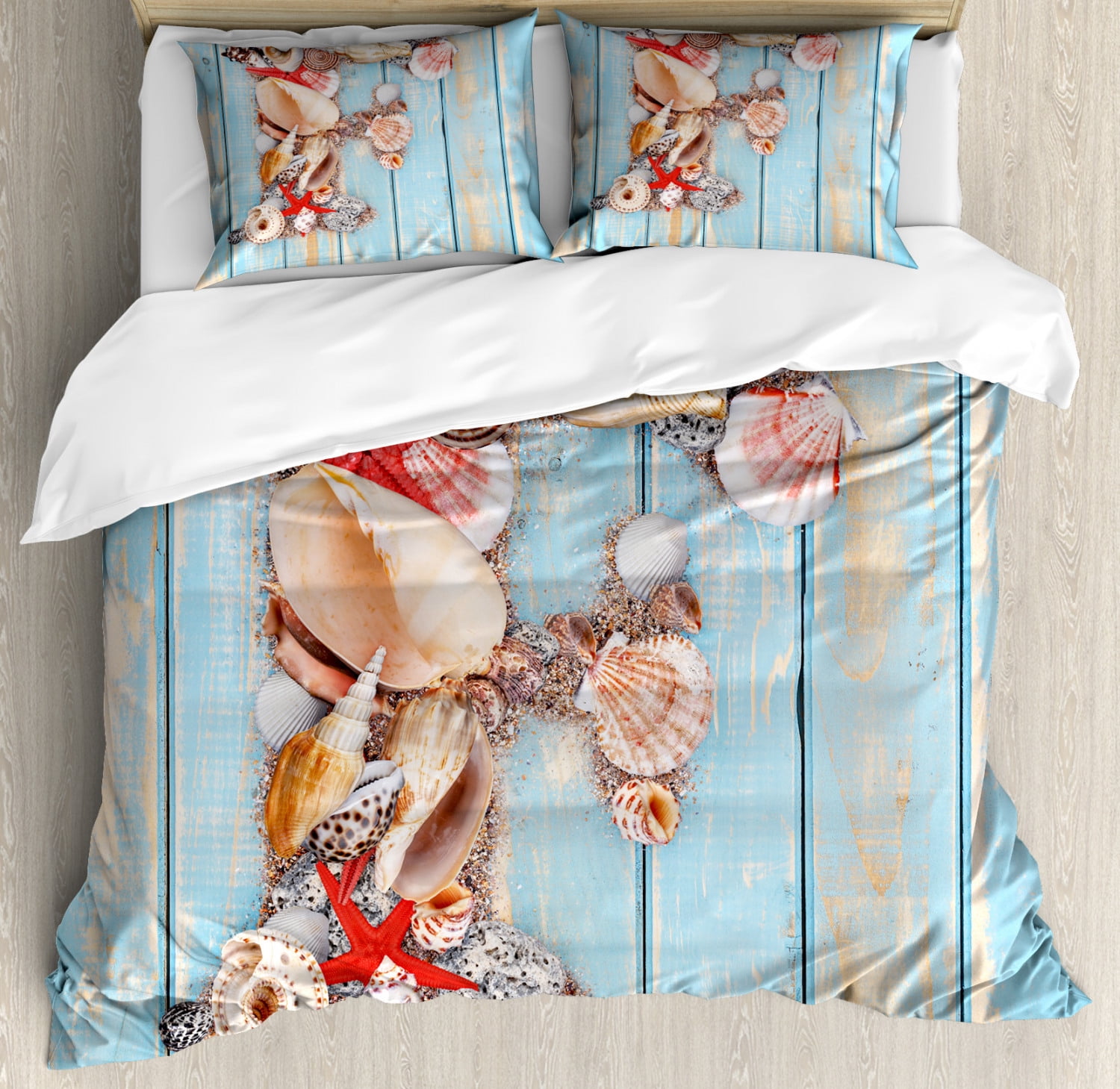 Letter F Queen Size Duvet Cover Set, Coastal Image with Soft Color Sea Related Animal Shells Alphabet, Decorative 3 Piece Bedding Set with 2 Pillow Shams, Pale Blue Ivory Dark Coral, by Ambesonne