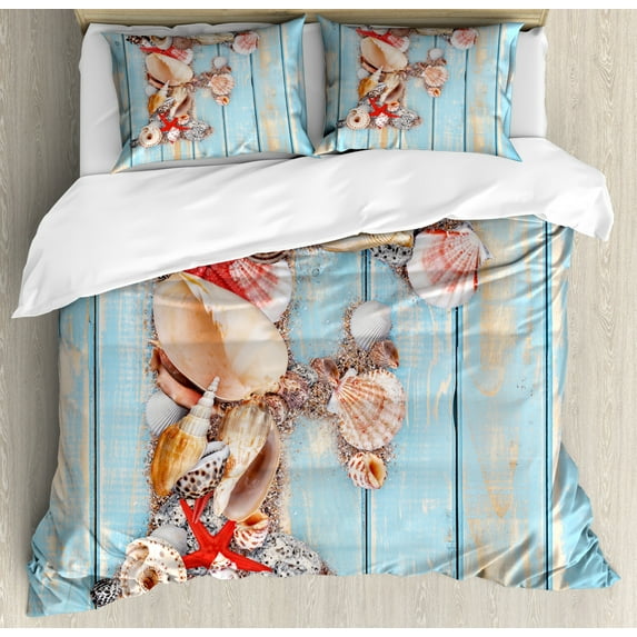 Letter F Queen Size Duvet Cover Set, Coastal Image with Soft Color Sea Related Animal Shells Alphabet, Decorative 3 Piece Bedding Set with 2 Pillow Shams, Pale Blue Ivory Dark Coral, by Ambesonne