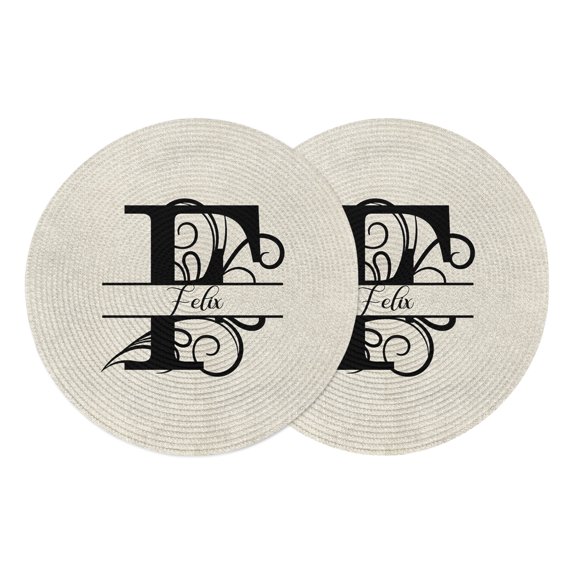 Letter F Round Placemats Set of 2, Braided Polypropylene Place Mats, Monogram Words Washable Table Mats for Kitchen Dinner Holiday Wedding Party Coffee Table Decoration 13"