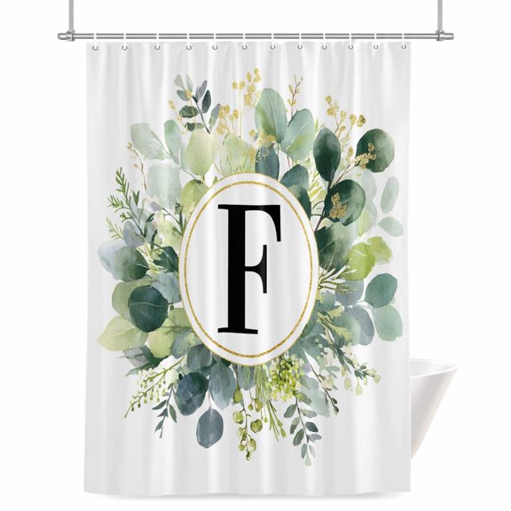 Letter F Shower Curtain, Alphabet Green Eucalyptus Leaves Plant Simple Waterproof Shower Curtain Set with 12 Hooks Lightweight Bath Curtains Fabric Bathroom Decor 36x72 Inches