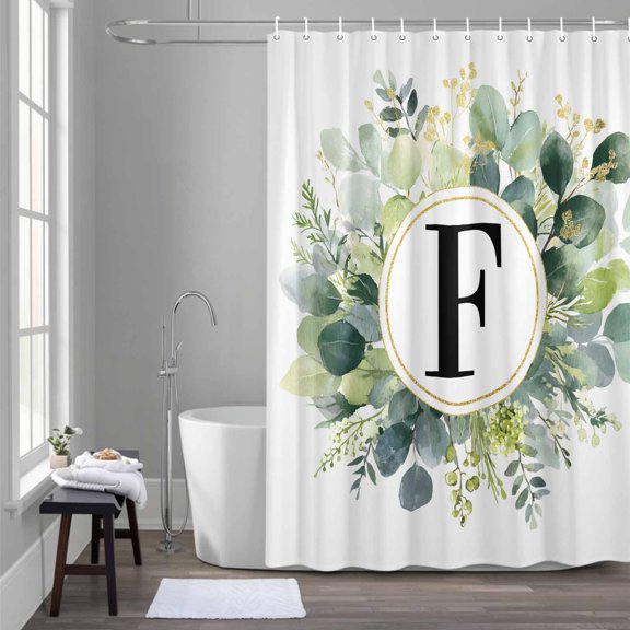 Letter F Shower Curtain for Bathroom Decor, Alphabet Green Eucalyptus Leaves Plant Simple Waterproof Fabric Shower Curtain, 36"x72" Set with 12 Hooks