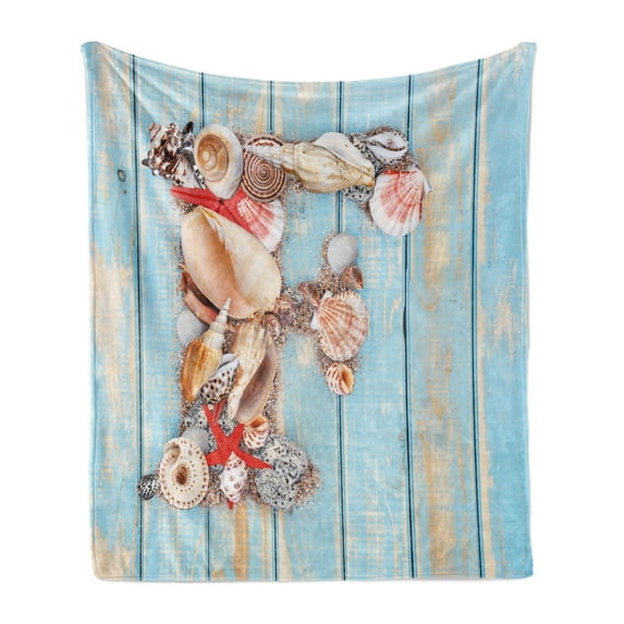Letter F Soft Flannel Fleece Throw Blanket, Coastal Image with Soft Color Sea Related Animal Shells Alphabet, Cozy Plush for Indoor and Outdoor Use, 60" x 80", Dark Coral Pale Blue, by Ambesonne