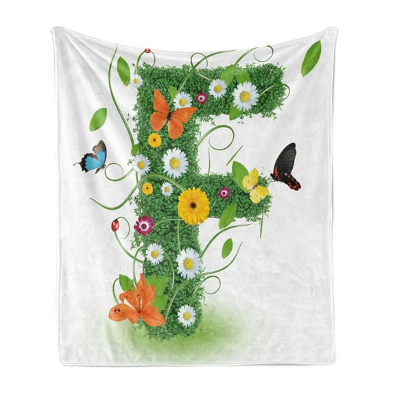 Letter F Soft Flannel Fleece Throw Blanket, Natural Inspirations with Animals and Flowers Butterflies Daisies Pattern, Cozy Plush for Indoor and Outdoor Use, 50" x 70", Green Multicolor, by Ambesonne