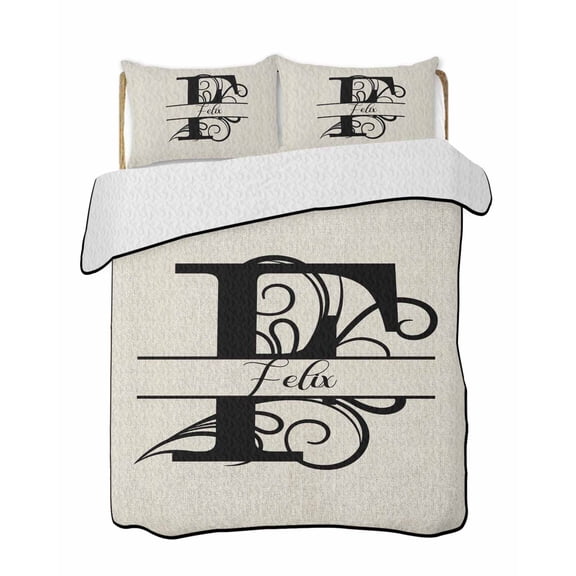 Letter F Summer Quilt Set Queen Size, Soft Microfiber Quilted Bedding Set with 2 Pillow Shams, Monogram Words Lightweight All Season Bedspread Coverlet for Bedroom 90"x96"