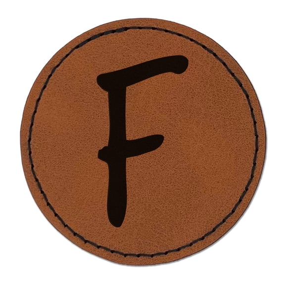 Letter F Uppercase Felt Marker Font 2.5" Faux Leather Round Engraved Iron-On Patch - Brown