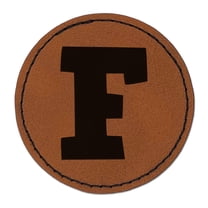 Letter F Uppercase Fun Bold Font 2.5" Faux Leather Round Engraved Iron-On Patch - Brown