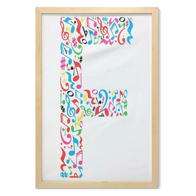Letter F Wall Art with Frame, Letter F Alphabet with Vibrant Music Notes  Harmony Song Design ABC Graphic Print, Printed Fabric Poster for Bathroom  Living Room, 23 x 35, Multicolor, by Ambesonne 