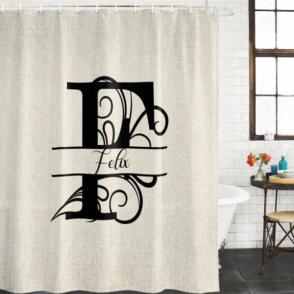 Letter F Waterproof Shower Curtain, 48"x72" Washable Polyester Fabric Shower Curtains for Bathroom, Monogram Words Decorative Bathtub Curtain Sets with Hooks