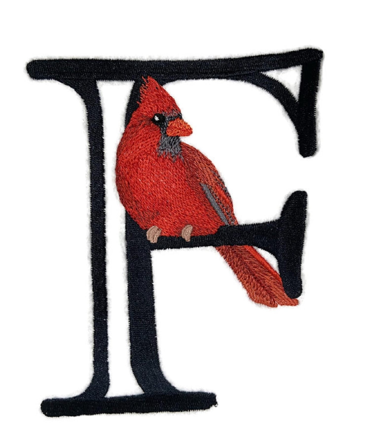 Letter F and Male Cardinal Embroidered Iron On/Sew Patch (4.7" x 6")