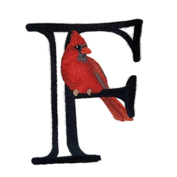 Letter F and Male Cardinal Embroidered Iron On/Sew Patch (4.7" x 6")