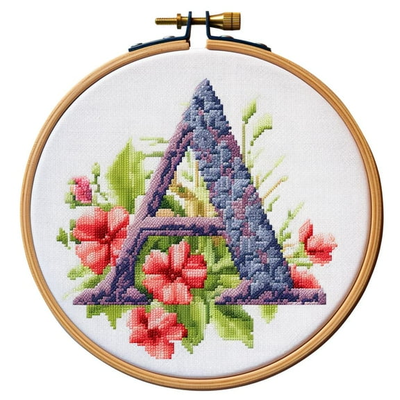 Letter A in Flowers Stamped Cross Stitch Kits for Beginners Easy with Hoop 11CT Needlepoint Embroidery DIY Counted Cross Stitch Kits Art Craft Wall Decor 35x35cm(2)