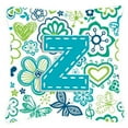 thumbnail image 1 of Letter Flowers and Butterflies Teal Blue Fabric Decorative Pillow, 1 of 3