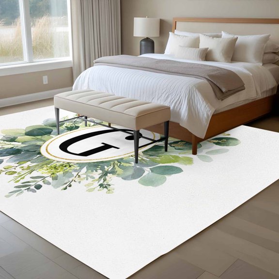 Letter G 6x9 Rug for Dining Room Table and Chair Setup, Alphabet Green Eucalyptus Leaves Plant Simple Low Pile Washable Non Slip Rectangle Area Rug