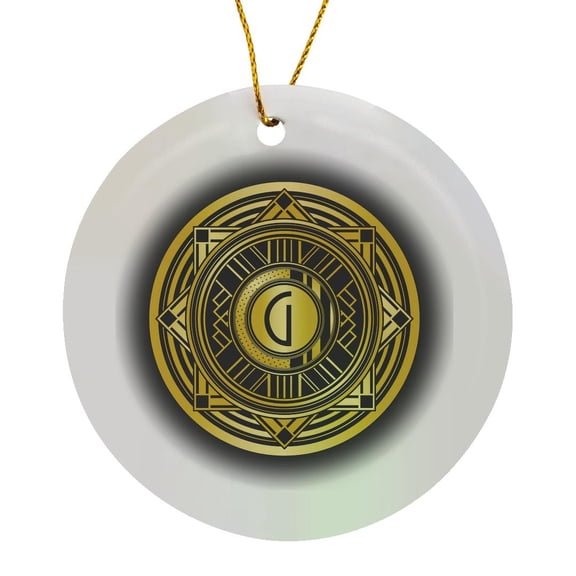 3drose, Letter G Art Deco Geometric Monogram in Faux Gold and Black, Circle Porcelain Ornament